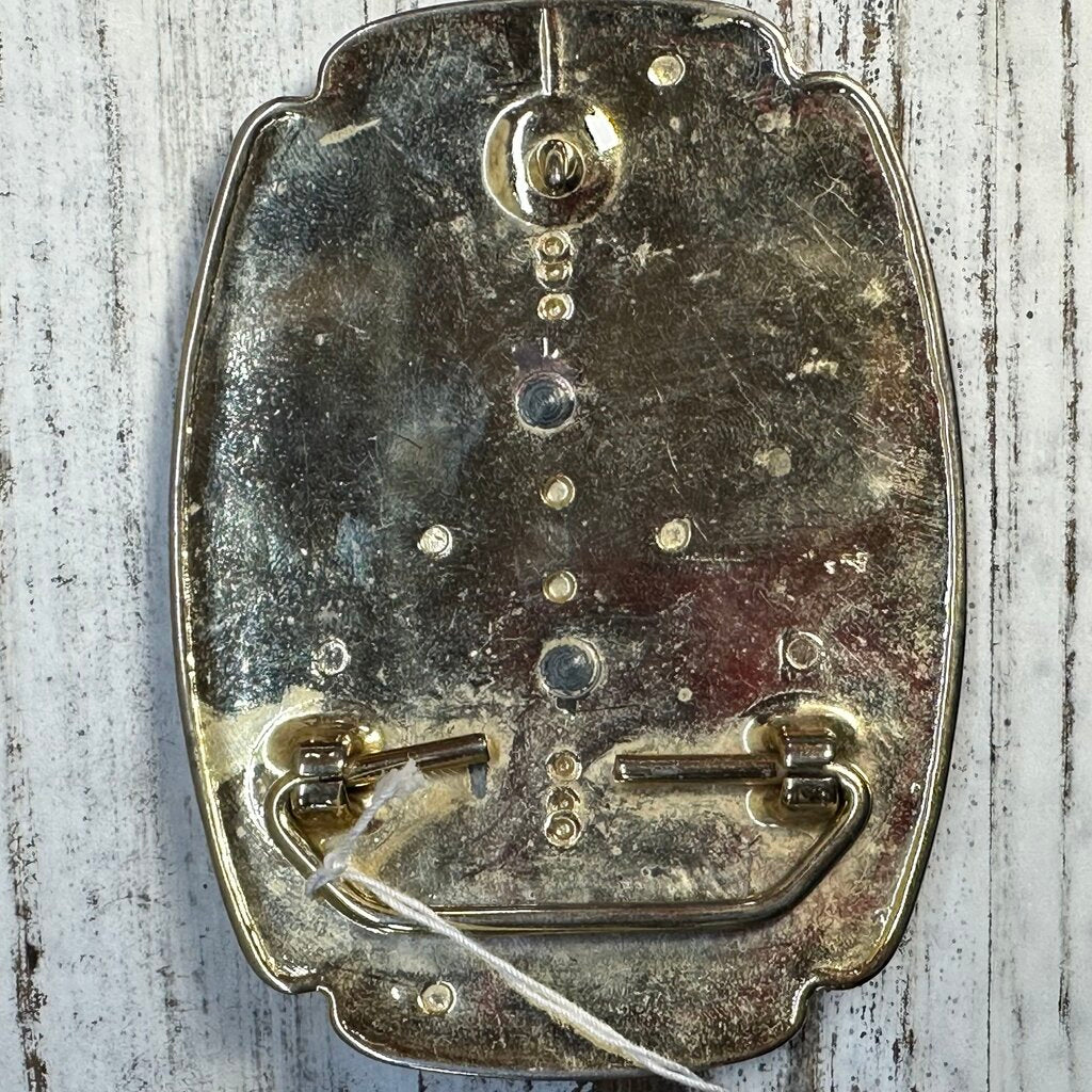 Riding Cowboy Goldtone Red Enamel Buckle