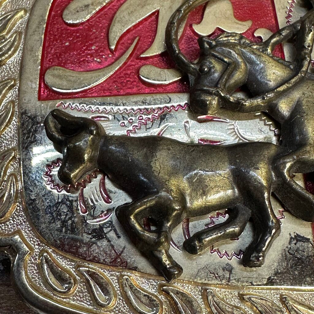 Riding Cowboy Goldtone Red Enamel Buckle
