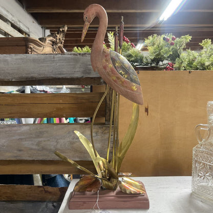 MCM WOOD FLAMINGO/EGRET & BRASS CATTAIL DECOR