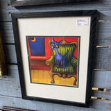 Artsy Blue Cat Green Chair Framed Art