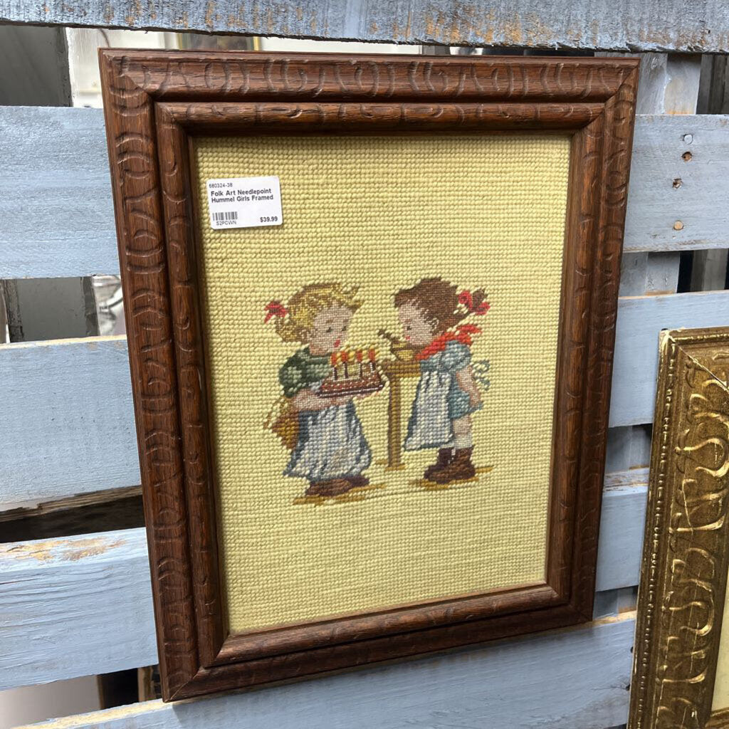 Folk Art Needlepoint Hummel Girls Framed