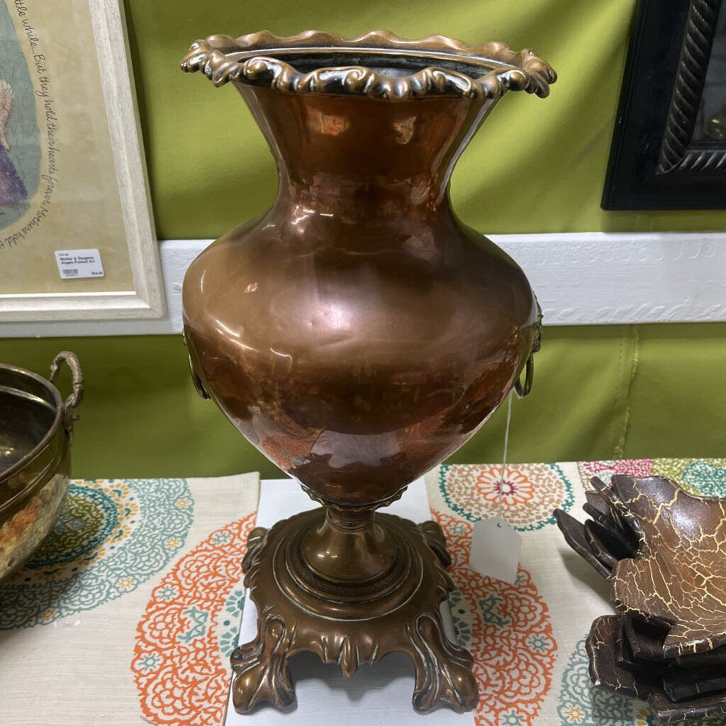 HEAVY OLD COPPER BRASS FOOTED URN AS IS