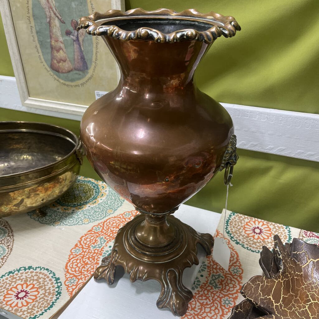 HEAVY OLD COPPER BRASS FOOTED URN AS IS