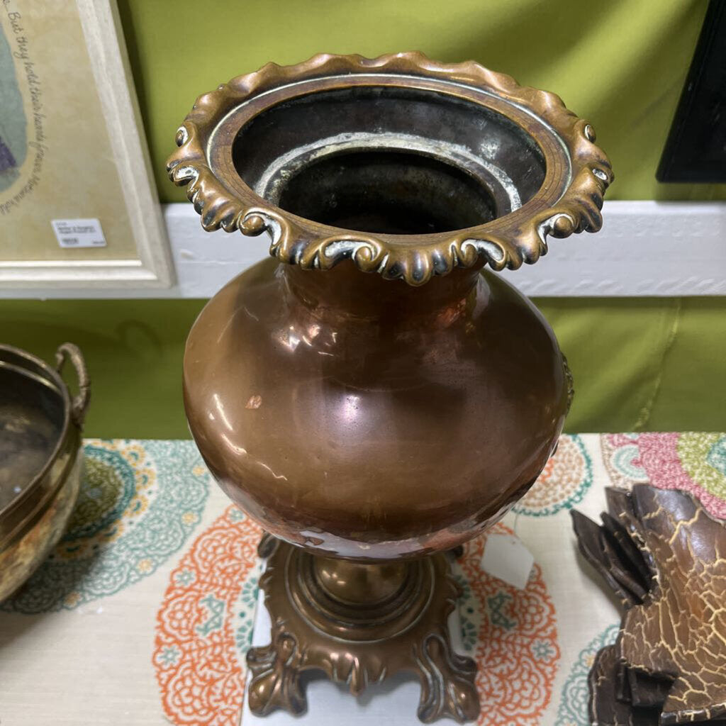 HEAVY OLD COPPER BRASS FOOTED URN AS IS