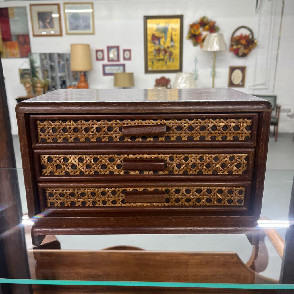 WOOD & RATTAN 3 DRAWER JEWELRY BOX