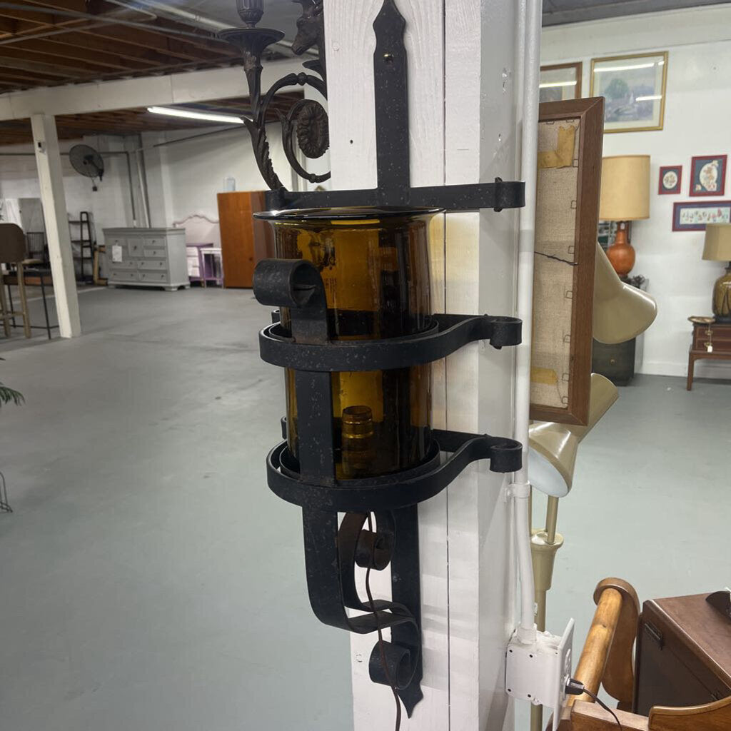 Old Wrought Iron Electric Amber Glass Wall Sconce