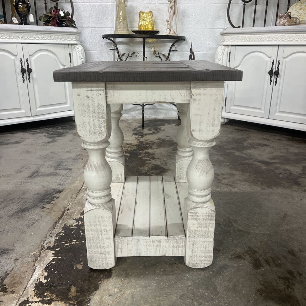 WHITE WOOD STONE SIDE TABLE