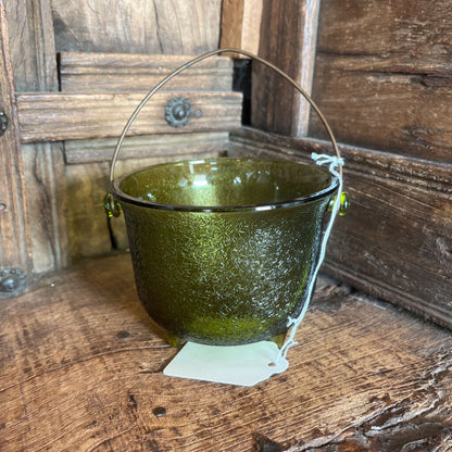 VTG GREEN ART GLASS CAULDRON W/HANDLE