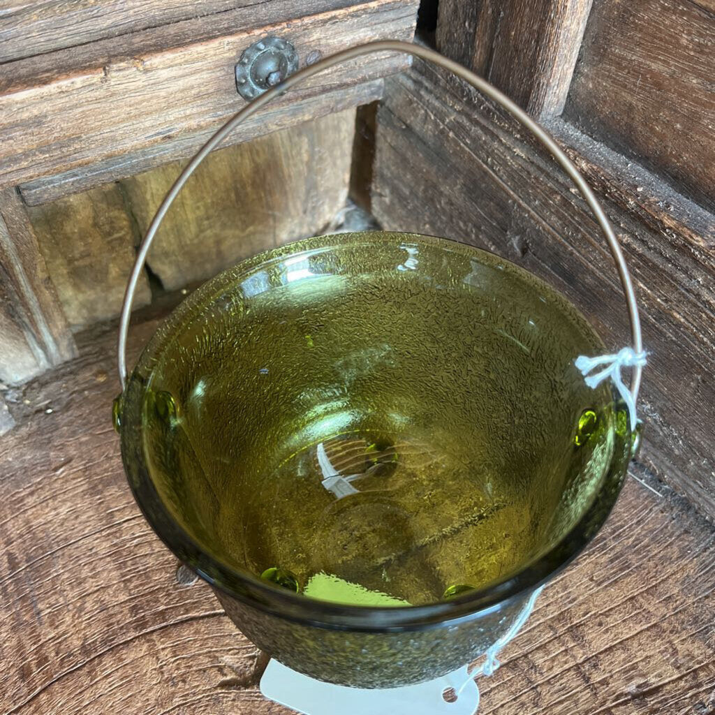 VTG GREEN ART GLASS CAULDRON W/HANDLE