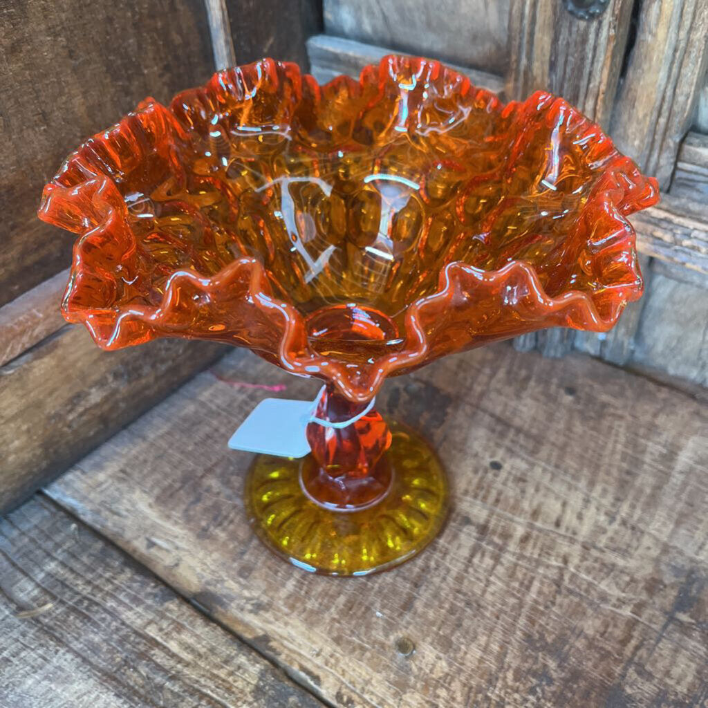 MCM Amberina Thumbprint Ruggle Pedestal Candy Dish