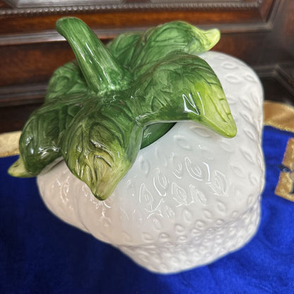 Vtg White Strawberry Cookie Jar Green Lid