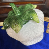 Vtg White Strawberry Cookie Jar Green Lid