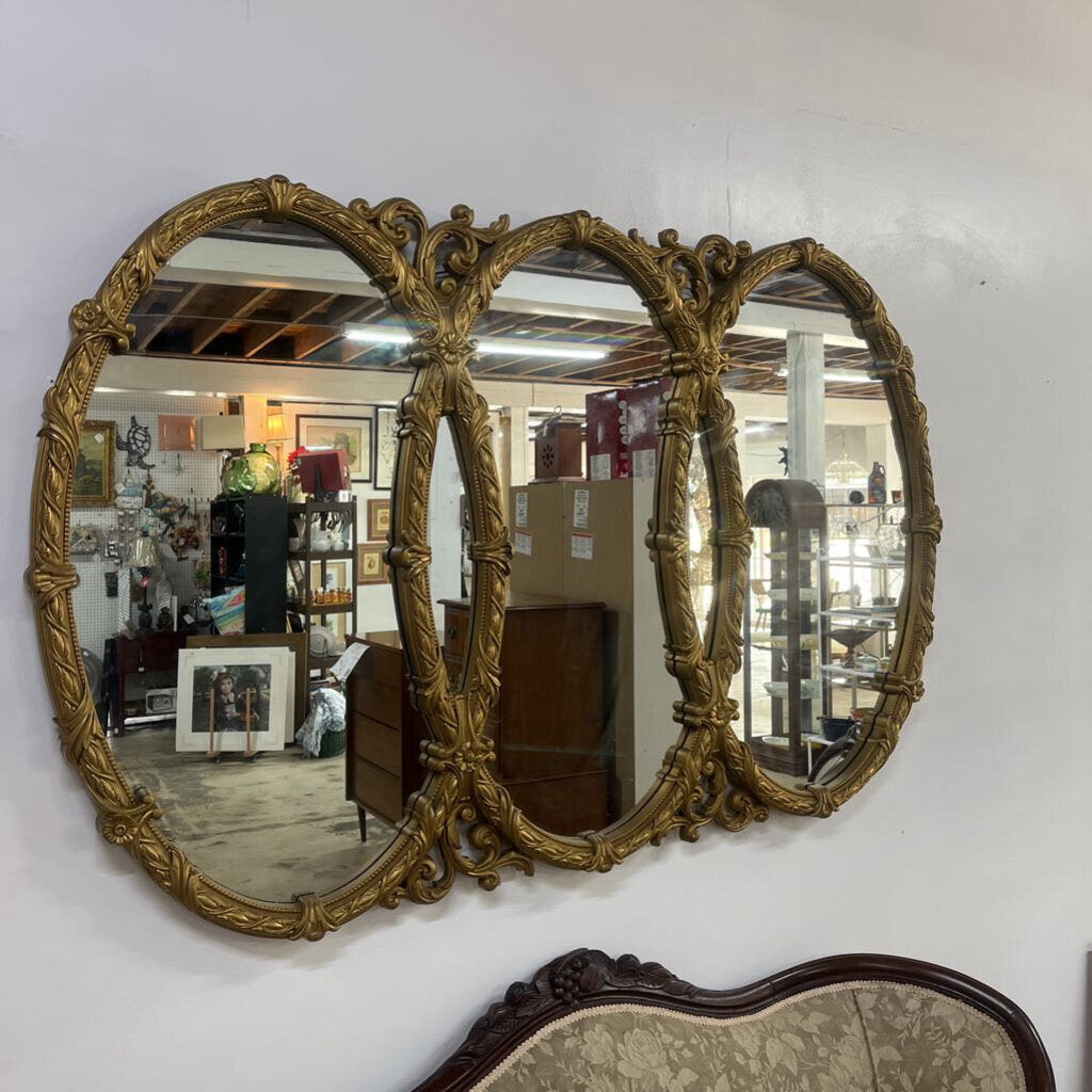 TRIPLE RING HOLLYWOOD REGENCY GOLD MIRROR