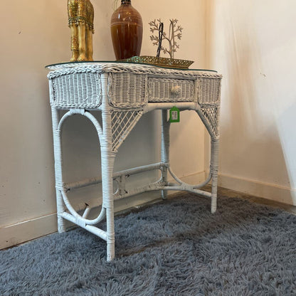 WHITE WICKER DESK WITH GLASS TOP