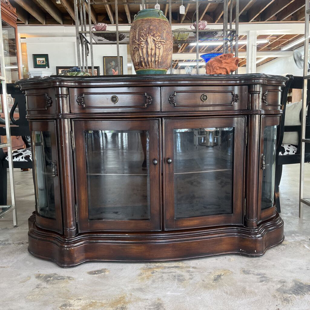 BOWFRONT BUFFET STONE TOP GLASS DOORS