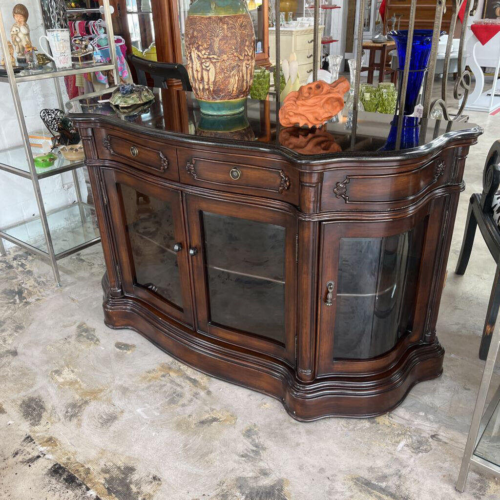 BOWFRONT BUFFET STONE TOP GLASS DOORS