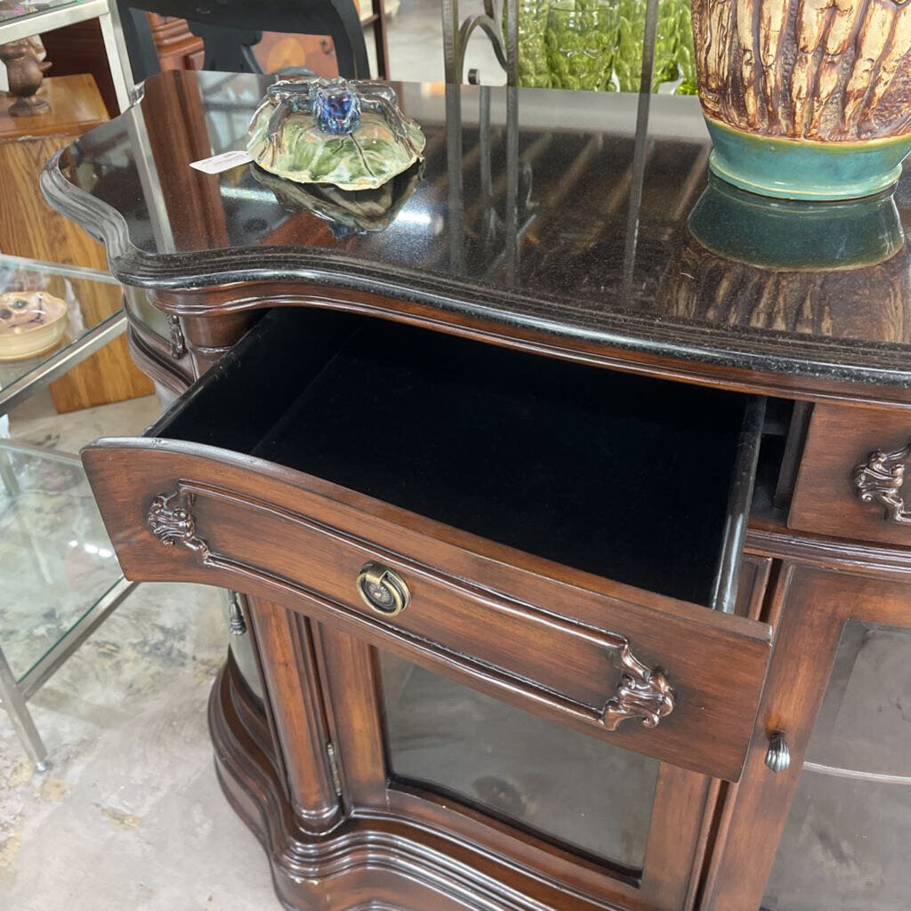 BOWFRONT BUFFET STONE TOP GLASS DOORS