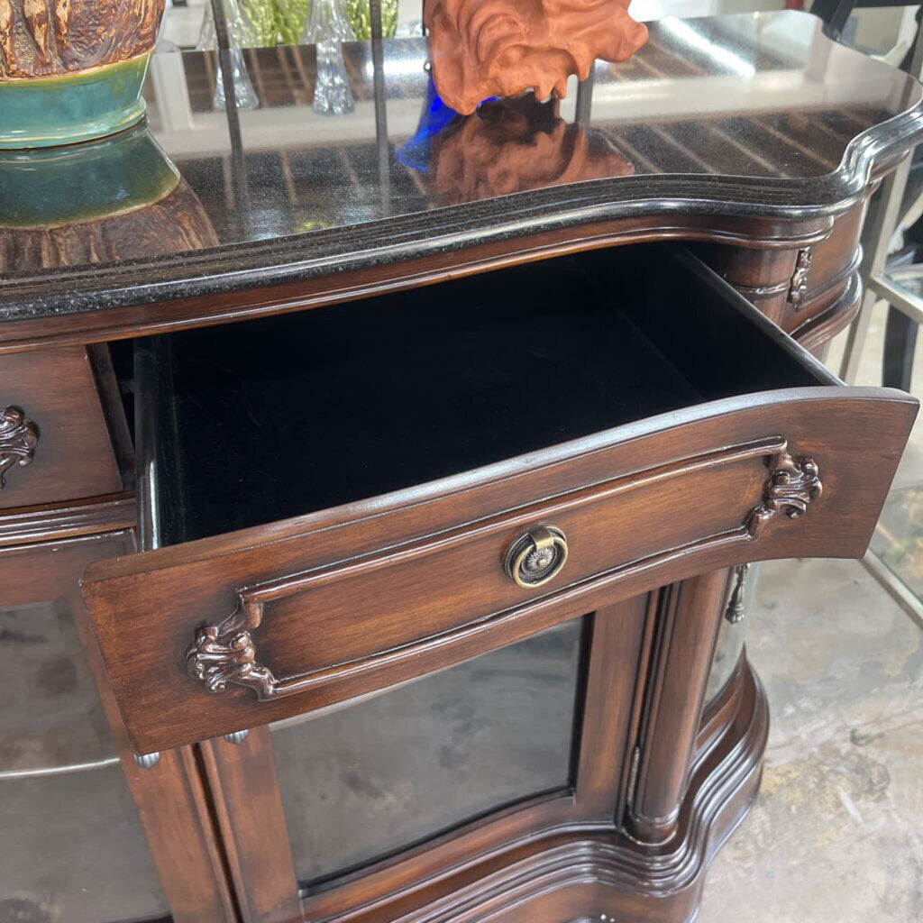 BOWFRONT BUFFET STONE TOP GLASS DOORS