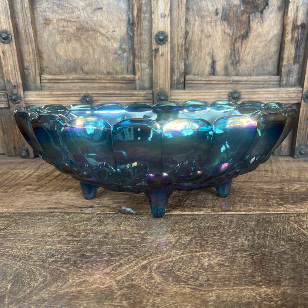 Iridescent Peacock Blue Carnival Glass Oval Bowl