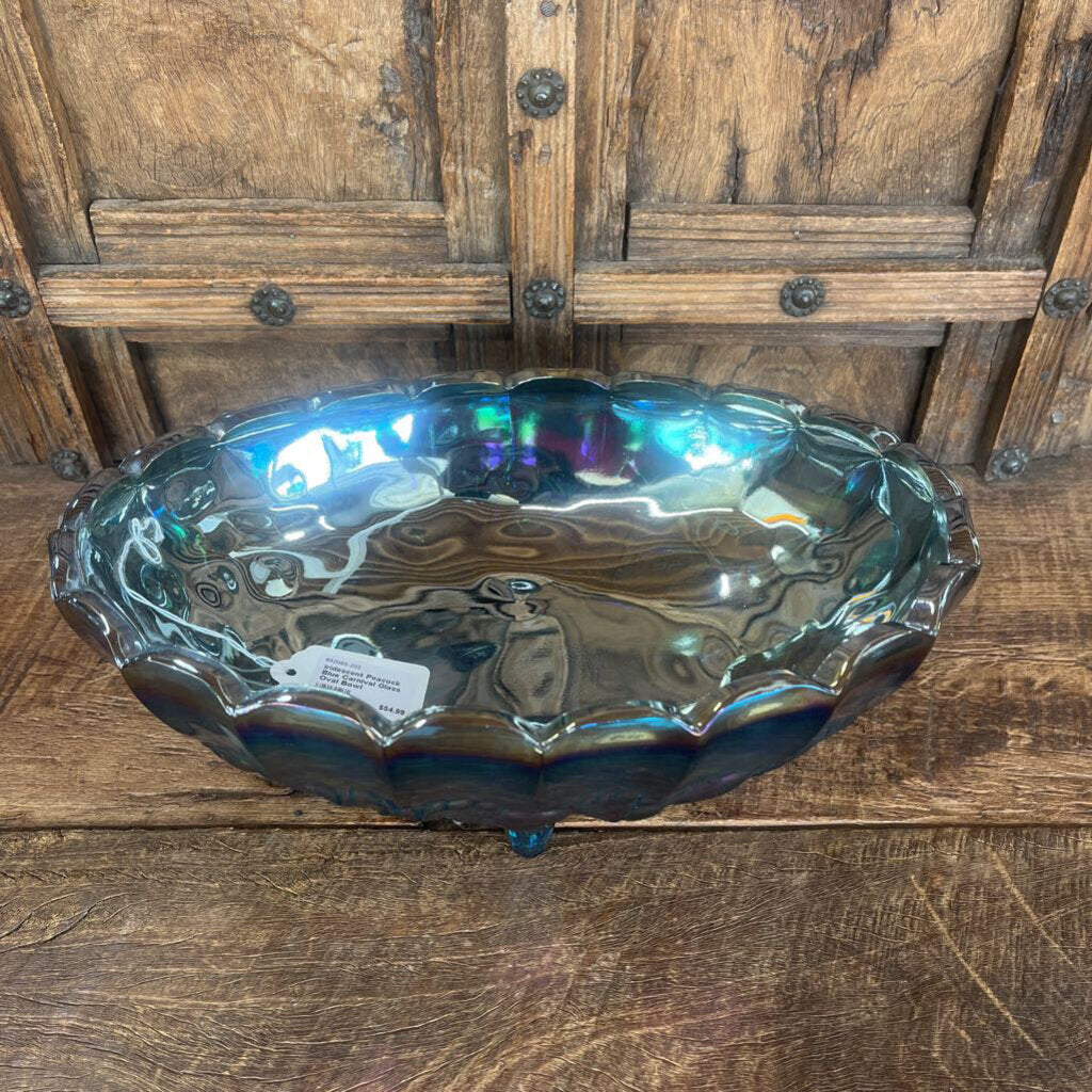 Iridescent Peacock Blue Carnival Glass Oval Bowl