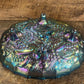 Iridescent Peacock Blue Carnival Glass Oval Bowl
