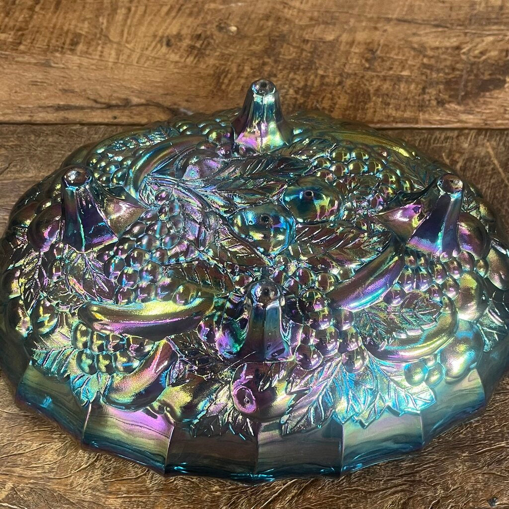 Iridescent Peacock Blue Carnival Glass Oval Bowl