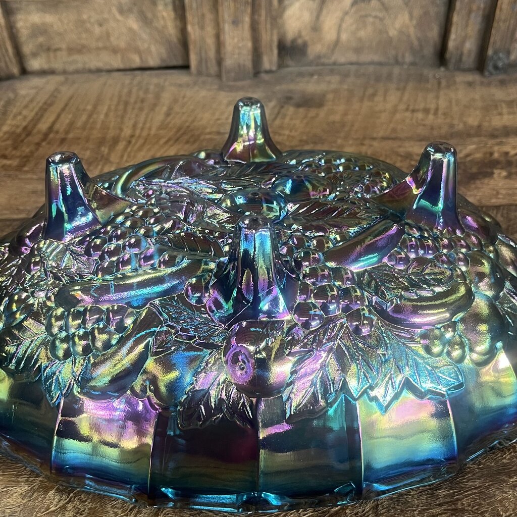 Iridescent Peacock Blue Carnival Glass Oval Bowl