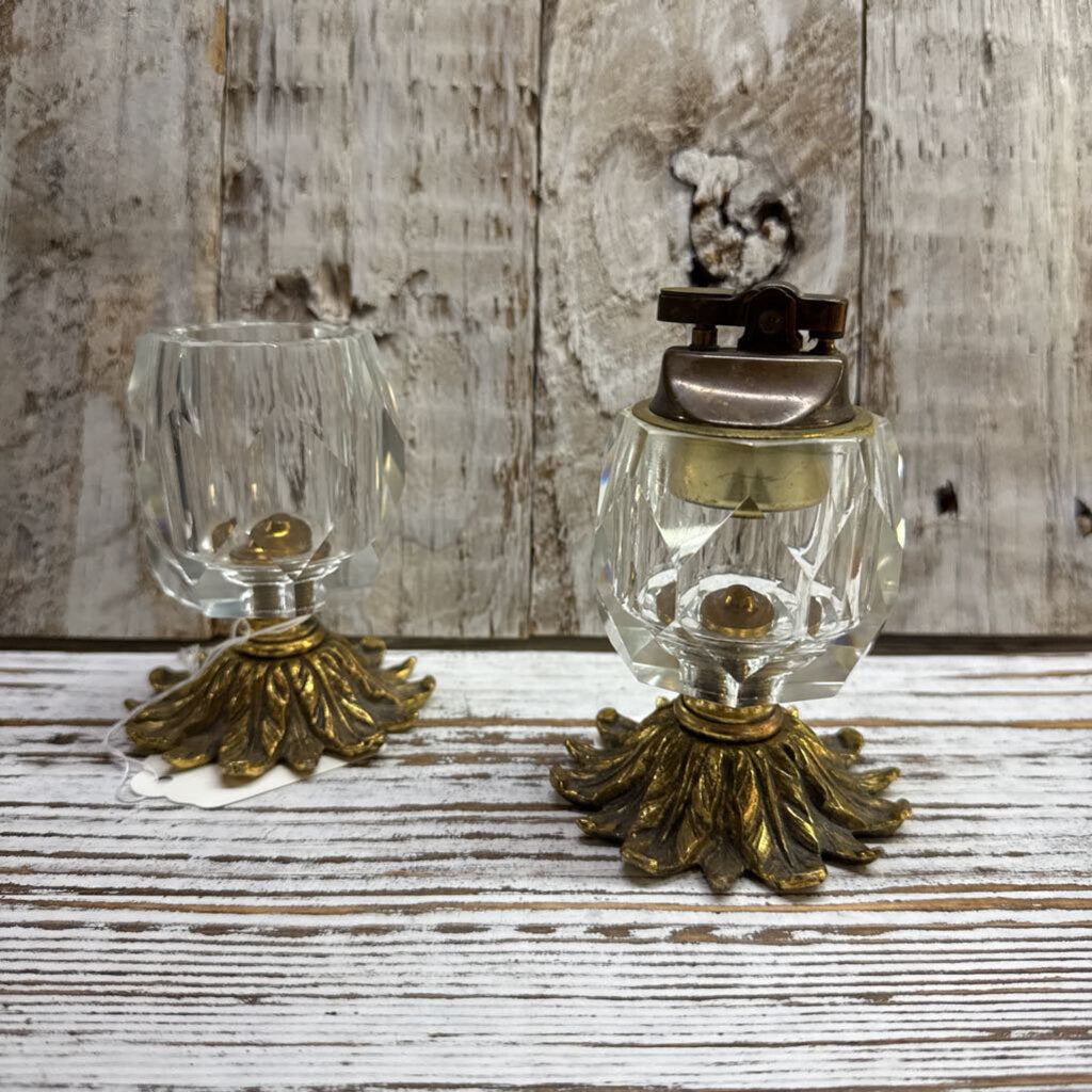 Hollywood Regency Brass and Cut Glass Table Lighter 2 pc set