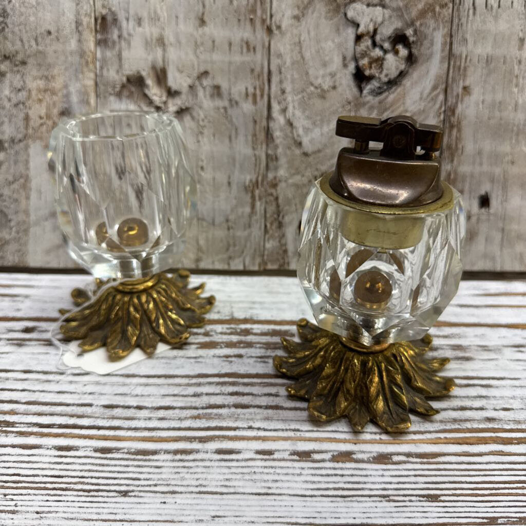 Hollywood Regency Brass and Cut Glass Table Lighter 2 pc set