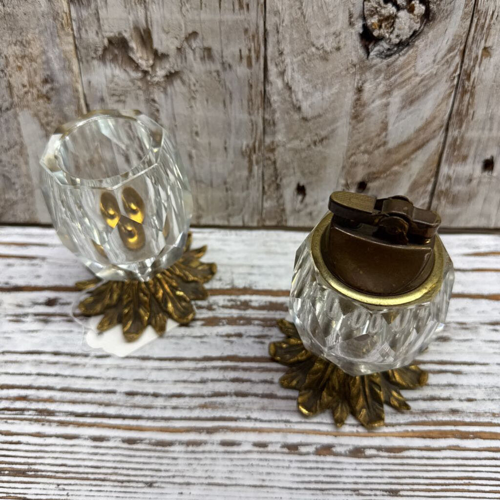 Hollywood Regency Brass and Cut Glass Table Lighter 2 pc set