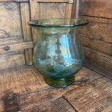 Green Art Glass Etched Pot Belly Pedestal Vase