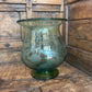 Green Art Glass Etched Pot Belly Pedestal Vase