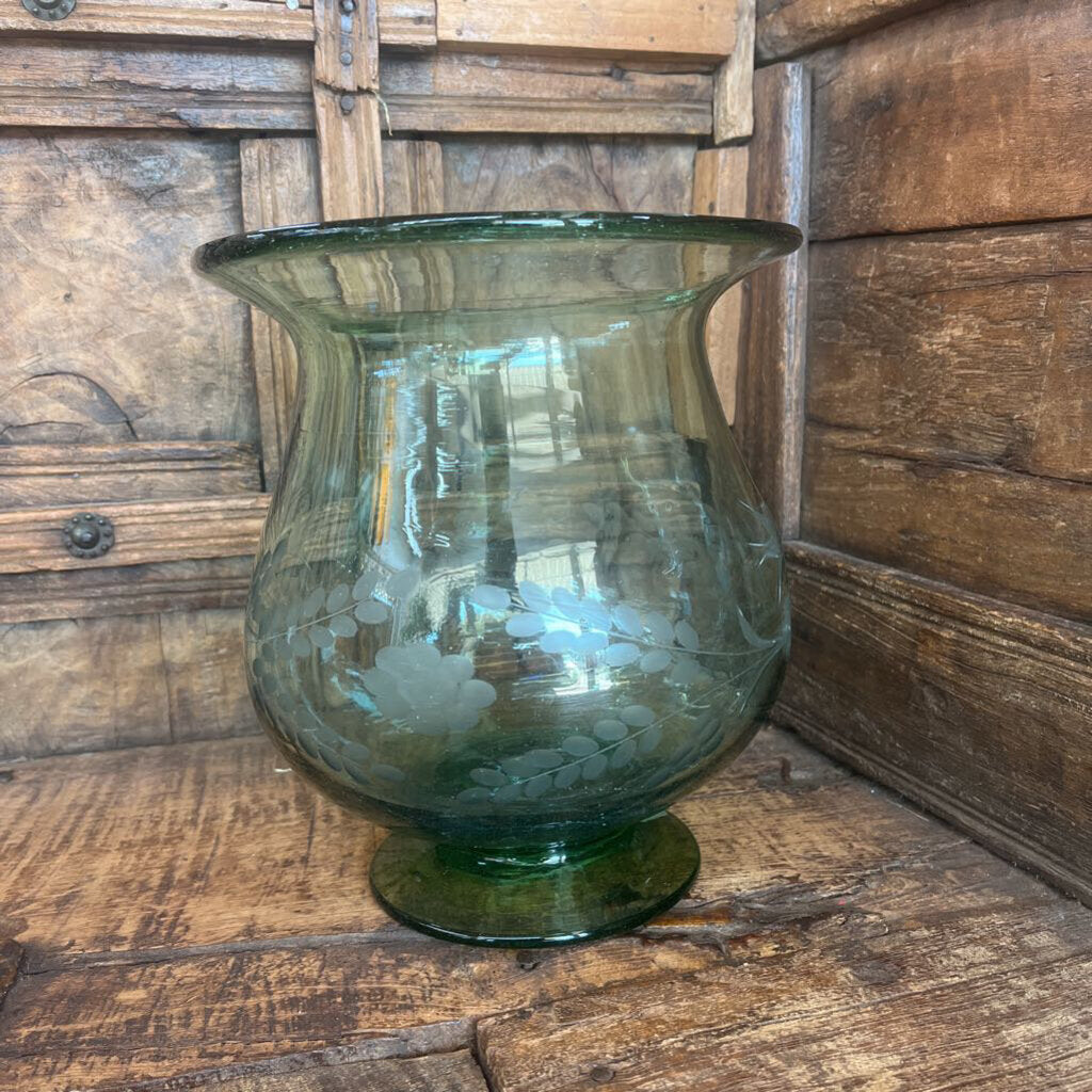 Green Art Glass Etched Pot Belly Pedestal Vase