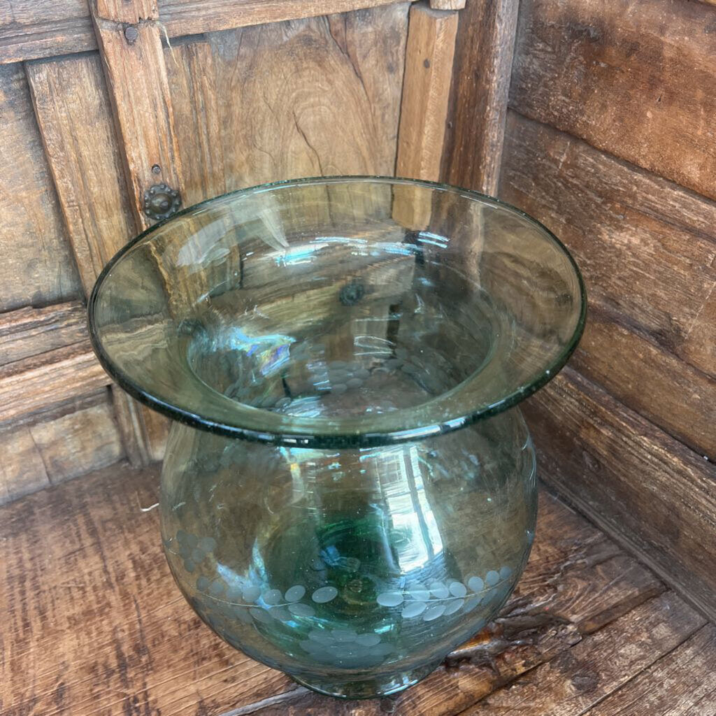 Green Art Glass Etched Pot Belly Pedestal Vase