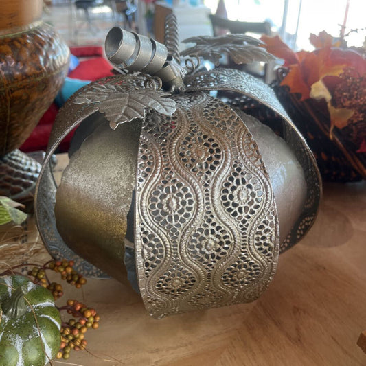 Silver Metal Lighted Pumpkin