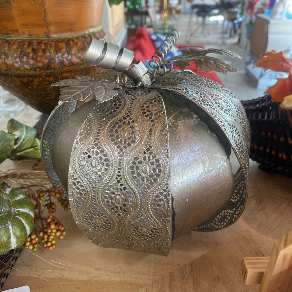 Silver Metal Lighted Pumpkin