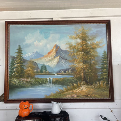 Vintage Mid Century Rustic Mountain Landscape Painting 4'5" x 3'5"