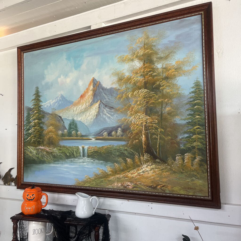 Vintage Mid Century Rustic Mountain Landscape Painting 4'5" x 3'5"