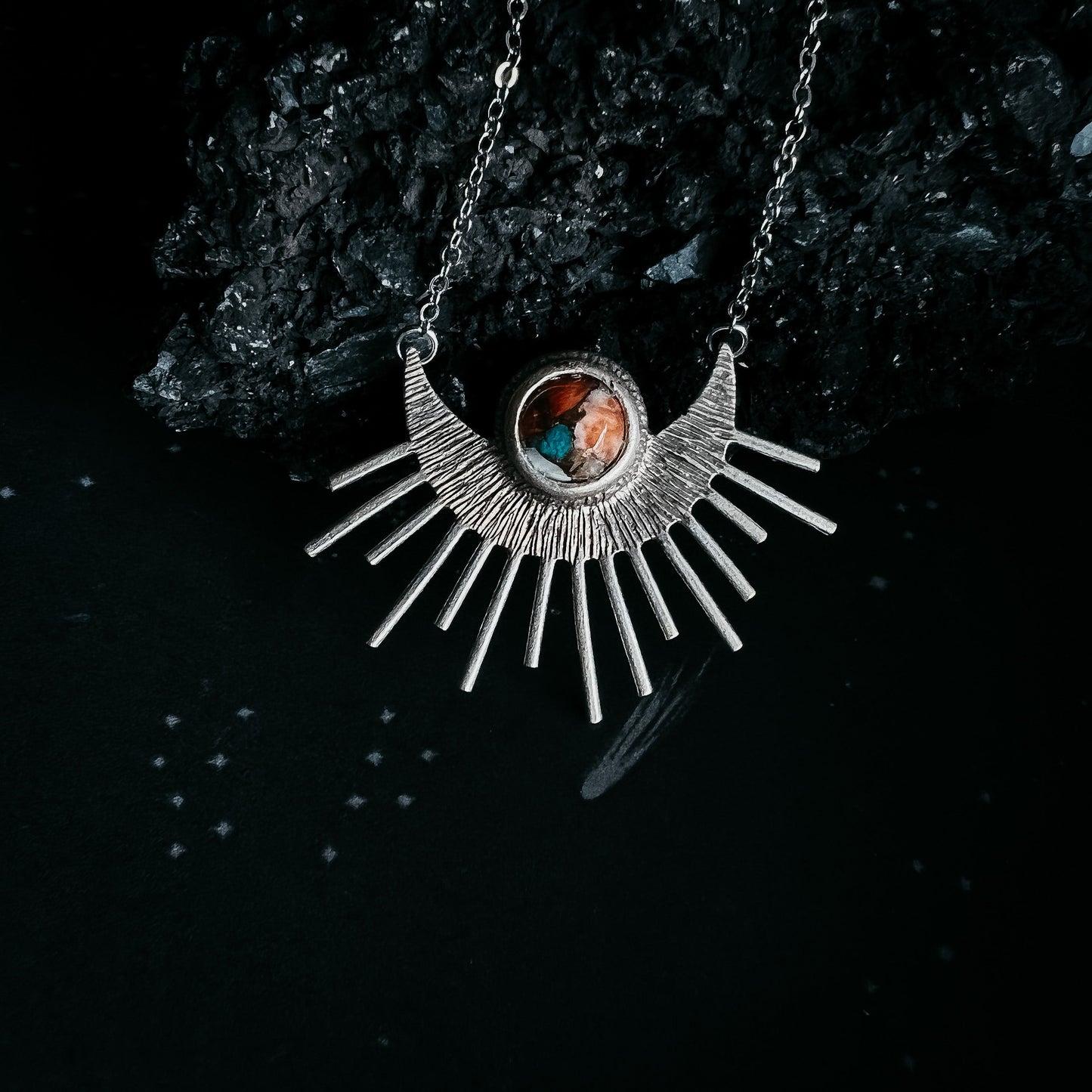 SUN GODDESS NECKLACE - SUN PENDANT WITH COPPER OYSTER TURQUOISE