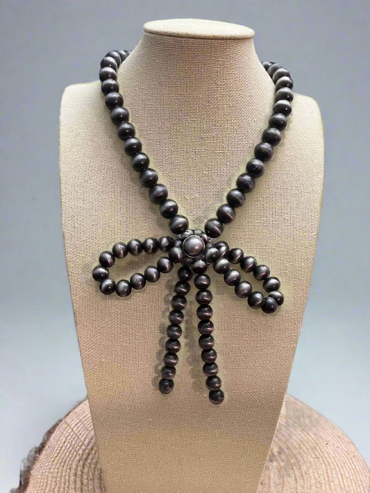 Faux Bow Necklace with Large Faux Pearls - 16 inch
