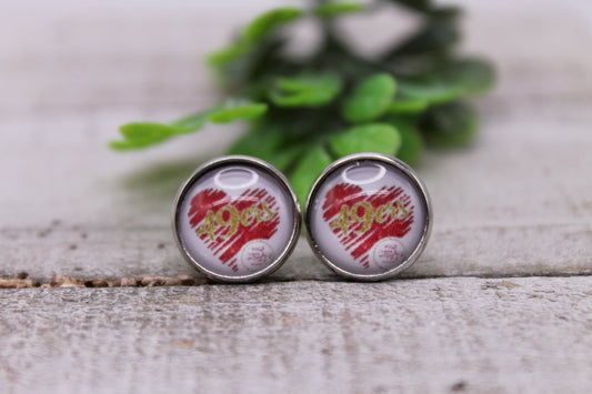 49ERS FOOTBALL HEART || 12MM GLASS STUD EARRINGS || HYPOALLERGENIC