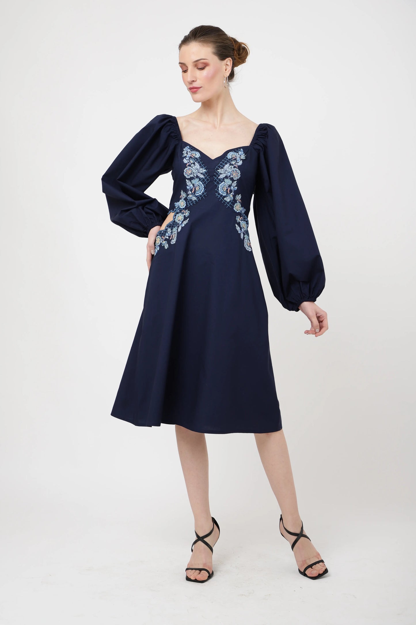 TONAL EMBROIDERED MIDNIGHT BLUE CASUAL MIDI DRESS - AVAILABLE IN 2 COLORS