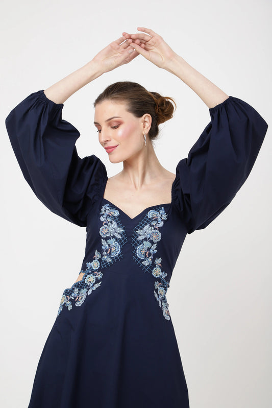 TONAL EMBROIDERED MIDNIGHT BLUE CASUAL MIDI DRESS - AVAILABLE IN 2 COLORS