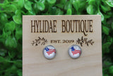 AMERICAN FLAG CORGI 12MM GLASS STUD EARRINGS || HYPOALLERGENIC