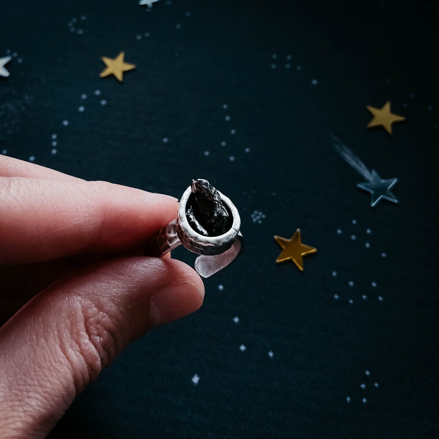CHUNKY TEARDROP RAW METEORITE RING IN SILVER