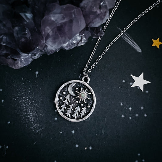 STARRY FOREST NIGHT PENDANT NECKLACE WITH OPAL