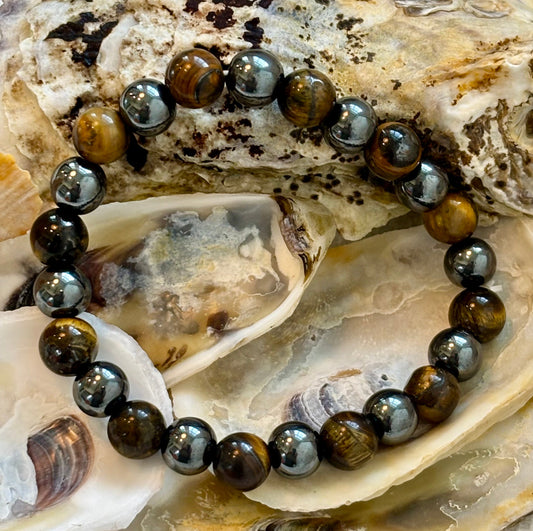 TIGER EYE & HEMATITE PROTECTION BRACELET – STRENGTH, BALANCE & GROUNDING ENERGY (UNISEX)