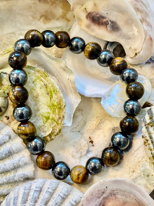 TIGER EYE & HEMATITE PROTECTION BRACELET – STRENGTH, BALANCE & GROUNDING ENERGY (UNISEX)