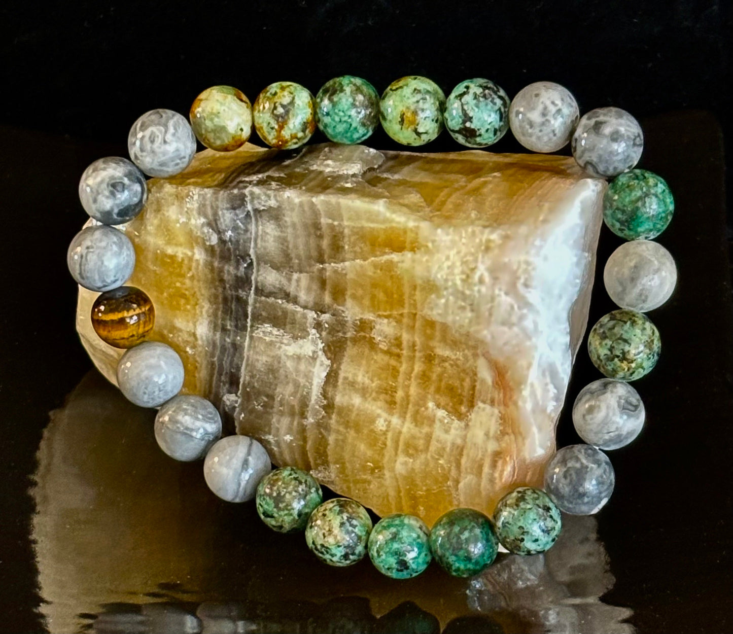 TRANQUIL POWER BRACELET – AFRICAN TURQUOISE, TIGER EYE & MAP STONE
