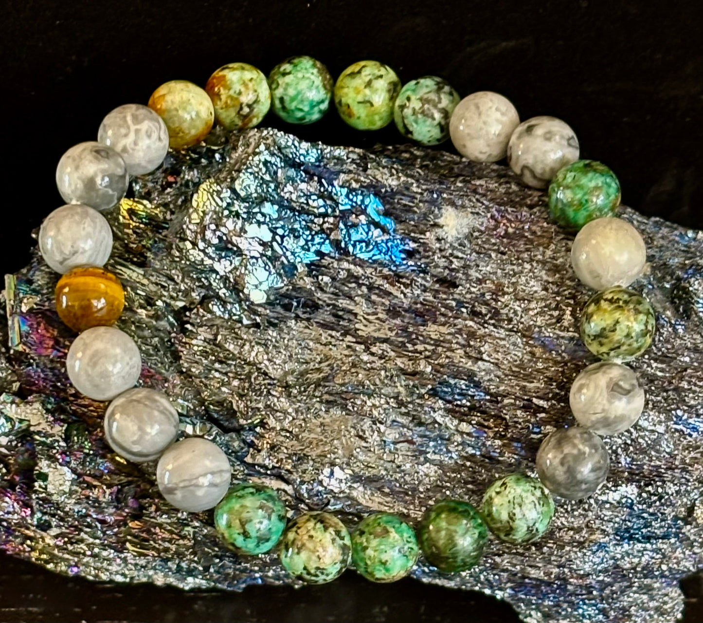TRANQUIL POWER BRACELET – AFRICAN TURQUOISE, TIGER EYE & MAP STONE